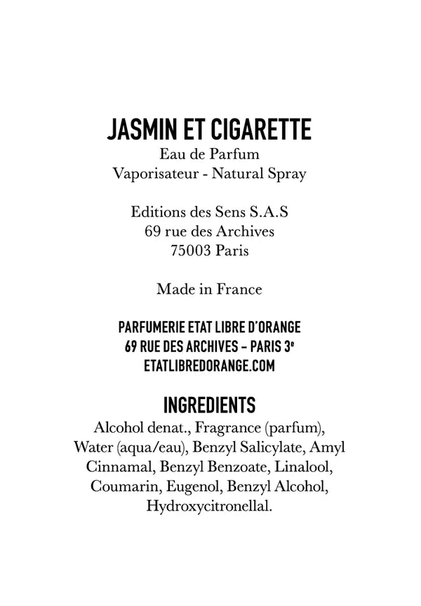Etat Libre D'Orange Jasmin Et Cigarette Ingredients